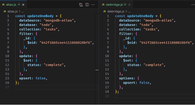Comparison between Atlas Data API and Delbridge Data API request formats for common operations
