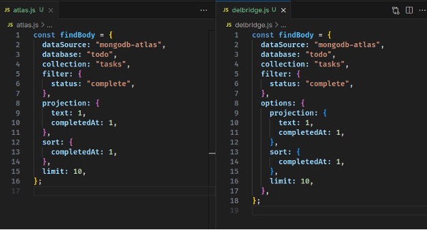 : Comparison between Atlas Data API and Delbridge Data API request formats for common operations
